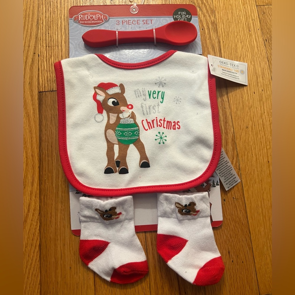 Christmas my first 1st Christmas bib socks spoon reindeer set